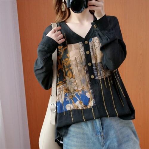 Fashion Hot Drilling Ladies Shirts Long Sleeved Spring Autumn Button V-Neck Vintage Printed Female Blouse Camisas Mujer 2021 New