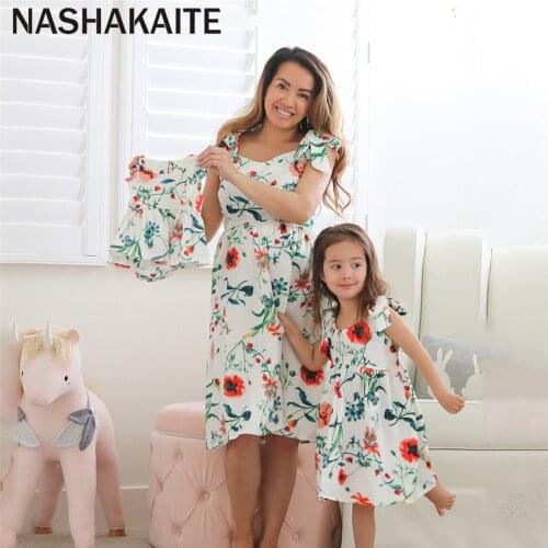 NASHAKAITE Mother And Daughter Dress Summer White Floral Print Dress For Mommy And Me Clothes Family Look Mommy And Me Dress