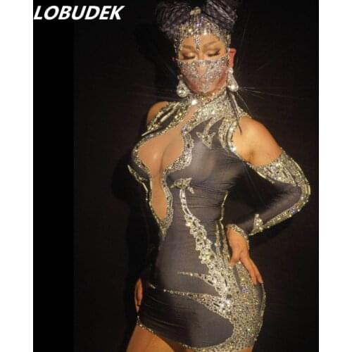 New Sparkly Silver Rhinestones Dress Off Shoulder Short Style Skinny Stretch Outfit Women Prom Party Birthday Celebrate Dresses