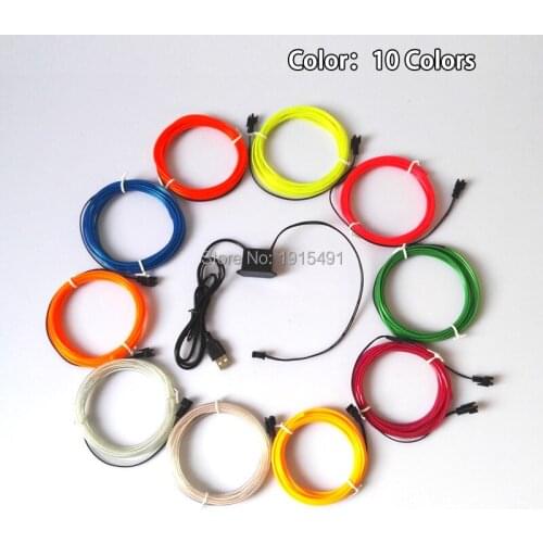 New 2.3mm 2Meters 10 colors Available Flexible EL Wire+DC-5V USB Drive Neon Holiday Light For Wedding Auto Car Decoration