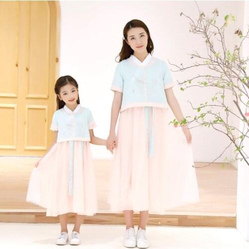Mother and Daughter clothes Chinese style clothes Girls dress mom holiday Mother Daughter matching princess performance dresses
