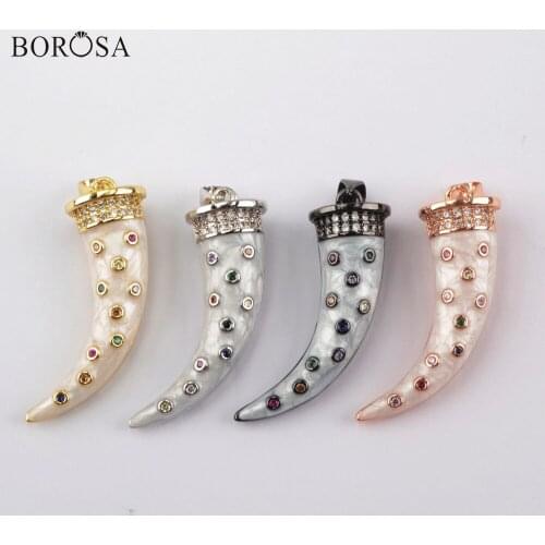 BOROSA 10Pcs Metal Tusk Horn Necklace Pendant Fashion Rose Gold Pendant Crystal Zircon Paved Charm Jewelry for Women WX1310