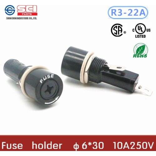R3-22A/Taiwan SCI Fuse Holder/phenolic (UL flame:94V-1)/ 10A 250V 6*30mm/fuseboxes/2pcs in pack/no fuse inside