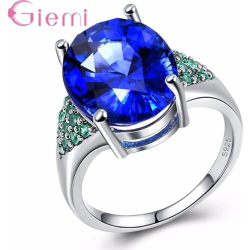Luxurious Graceful Ocean Blue Shiny Round Crystal Stone Ring Shopping Bride Wedding Jewelry 925 Sterling Silver