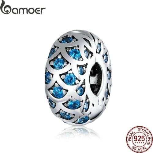 Bamoer Silver 925 Jewelry Blue Clip Stopper Charm for Original Silver Snake Bracelet Jewelry Making Fine Jewelry SCC1513