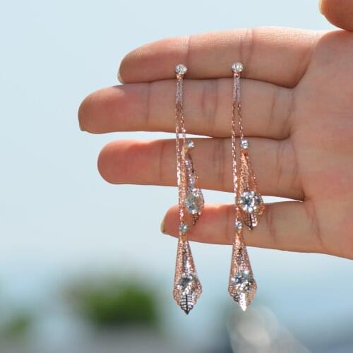 Vintage Womens Fashion Statement Earrings Rose Gold Hollow Leaves Zircon Long Tassel Earrings for Wedding Party Christmas Gift