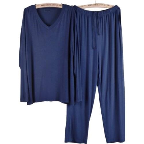 Spring Summer V-Neck Modal Mens Pajama Pants 2Piece Set Thin Long Sleeves Home Costumes Comfort Casual Sleepwear Male Plus Size