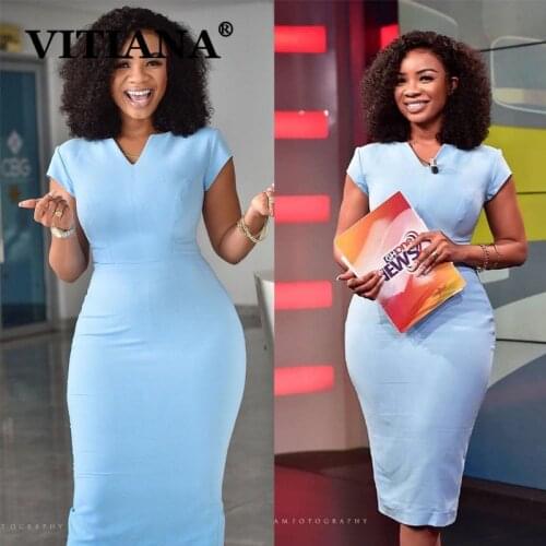 VITIANA Women Elegant V-Neck Bodycon Dress Summer 2020 Female Slim Office Lady OL Midi Dresses Femme Casual Vestidos