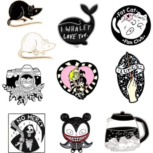 Punk black and white camera Magic Spells Rat Enamel pins Badge vampire Fat cat Whale Teapot Brooches Lapel Pin Jewelry Gift