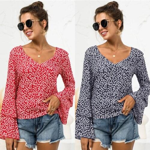 New Women V-Neck T-shirt Floral Print Long Flare Sleeve Casual Tees Autumn Spring Loose Streetwear Tops Red Chiffon Tunic Tshirt