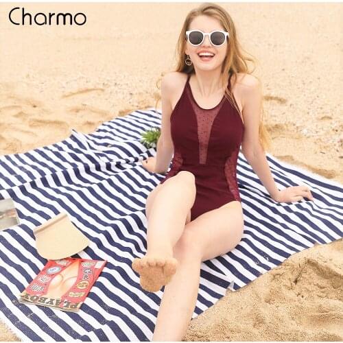 Charmo Womens Mesh Plunge One Piece Swimsuit Deep V Polka Dot Swimwear Backless Sexy Bathing Suit Wine Red Vintage Monokini