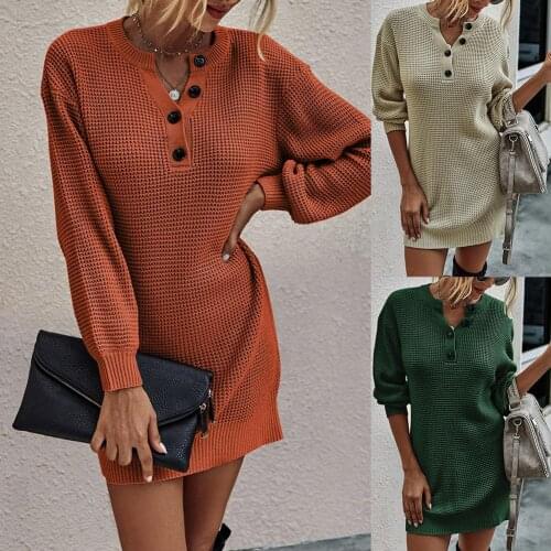Women knitted top Winter Long Sleeve Sweater Dress V Neck Button Knitted Tunic Top Pullover Elegant party female sweater dress