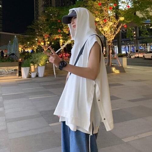 #1514 White Black Summer Fashion Men Vest Sleeveless Hoodie Casual Loose Korean Streetwear Hip Hop Waistcoat Button Jacket Top