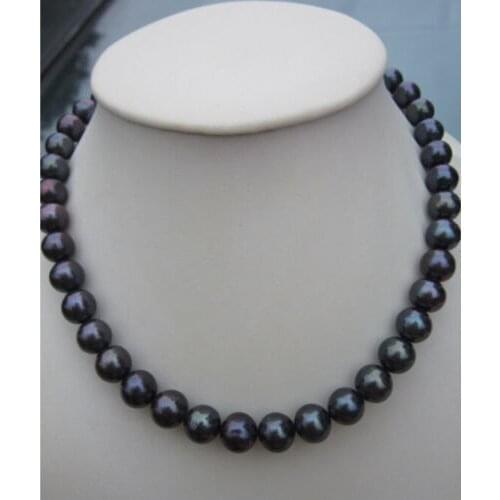 AAA 9-10mm natural tahitian black pearl necklace 925silver gold 18 inch