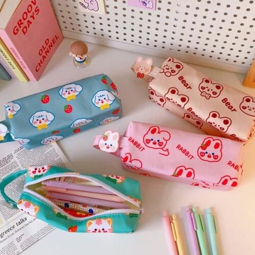 T8DB Portable Zippered Canvas Pen Bag Waterproof Toiletries Storage Bag Makeups Pouch with Portable Handle for student School