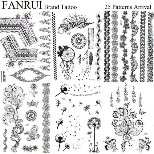 Black Henna Mandala Temporary Tattoo Stickers Girl Body Arm Art Flash Tattoo Feather Dandelion Fake Tatoos Dream Catcher Branch