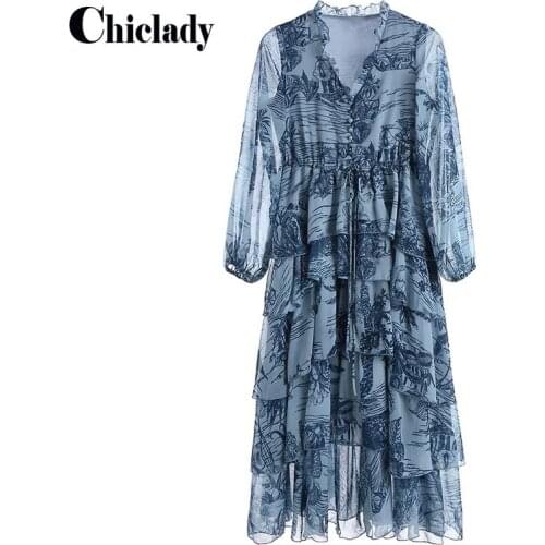 CHICLADY dress bohemian boho dress midi dresses for women 2021 Long Sleeve Print Cascading Ruffle Vacation Ball Gown Dress y2k