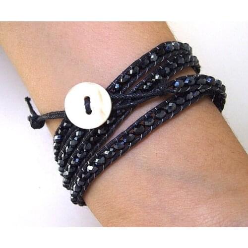Perfect Black Crystal Glass Faceted Wrap Bracelet Line Wrap Woven Button Handmade Jewelry Wrap Bracelet Necklace Waist