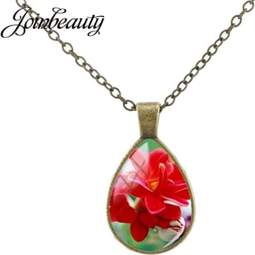 JOINBEAUTY Retro Red Poppy Flower Photo Tear Drop Necklaces Handmade Glass Pendant Long Chain Jewelry Wedding Gifts Charm FL303