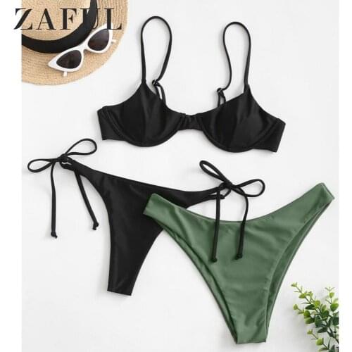 ZAFUL Tie Side Underwire Three Piece Swimsuit Summer New Women Swimwear Bikinis Set Sexy Woman Push Up Bikini