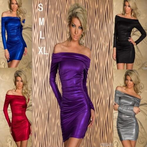 Best Sale 5 Color Sexy Women Faux Paint Leather Bodycon Mini Dress Slash Neck Pleated Wetlook Fashion Party Clubwear S-XL