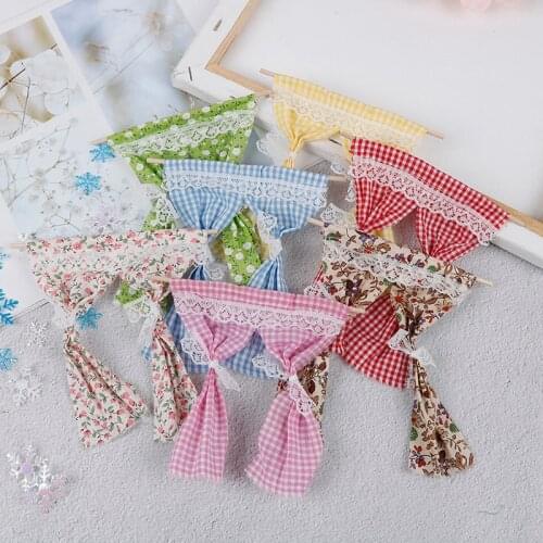 Dollhouse Miniatures Cute Lattice and Lace Pink Cotton Curtain for 1/12 Scale Dolls House Bedroom Furniture Decor Acc 7Colors