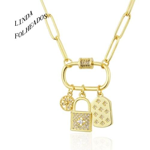 LINDA FOLHEADOS2021 New Design Trendy Fashion Hip-Hop Temperament Women Lock Snow Necklace Copper Cubic Zirconia Jewelry Gifts