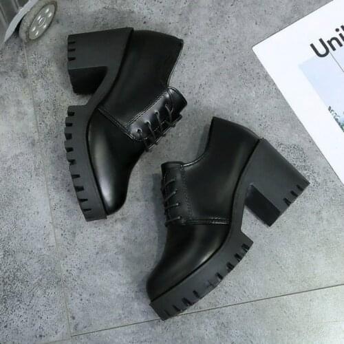 High Heels Autumn British Style Split Leather Women Square Heel Platform Shoes Woman Lace-up Oxford Shoes for Women Heels 7cm