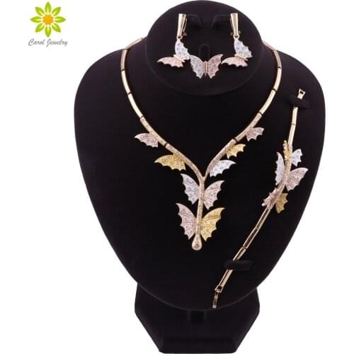 Dubai Elegant Women Gold Color Butterfly Shape Necklace Bracelet Earrings Rings Party Wedding Fashion Jewelry Sets