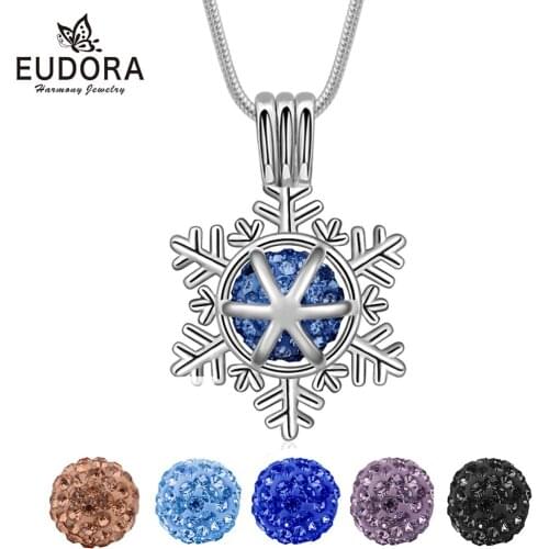 Eudora 8mm Snow Shape hollow Cage Locket Pendant Necklace fit 8 mm 5pcs Colorful Crystal Ball &Pearl with box fine Jewelry K283