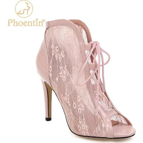 Phoentin pink lace up summer boots for women peep toe ladies high heels mesh & lace plus size boots women ankle shoes 2020 FT902