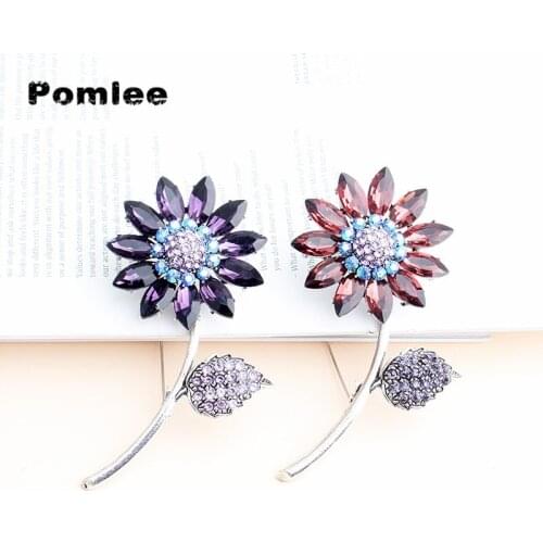 Pomlee New Arrival Purple Crystal Flower Brooches For Women Cubic Zirconia Elegant Fashion Pin Party Pin Accessories Gift