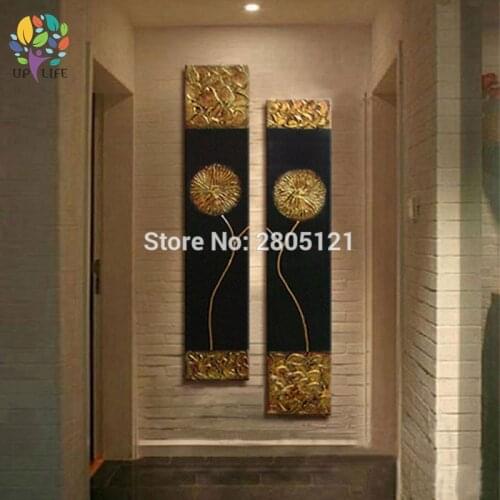 Hand made canvas oil painting gold flower on black canvas daisy Dandelion wall pictures for Corridor aisle decorative art sets
