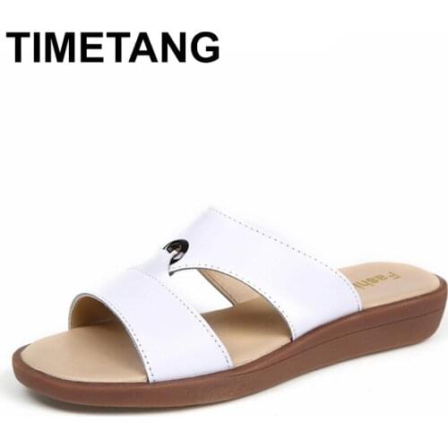 TIMETANG2020 Casual Womens Sandals Real Cow Leather Flats Shoes Women Slip-On Summer Female Slides Leisure Beach Flip Flops Siz