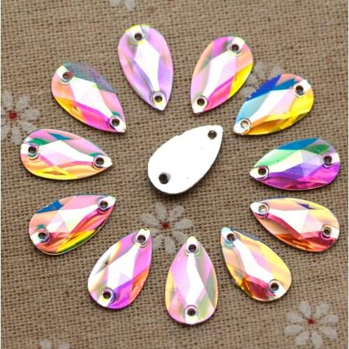10.5*18mm 100pcs waterdrop Crystal AB Silver Base Sew On Rhinestone Beads, Sew On Stones Spacer buttons for Garment Jewelry