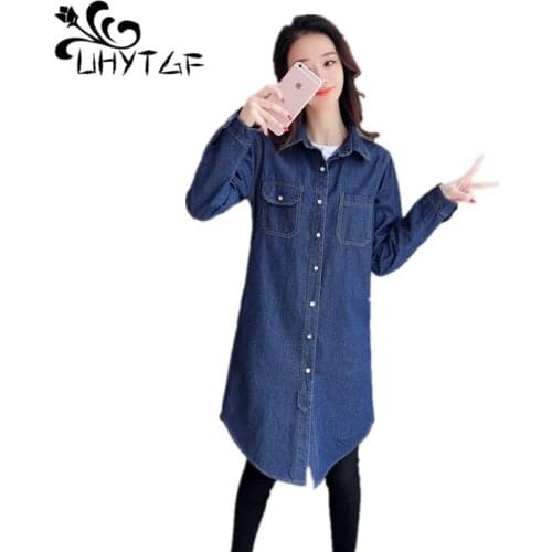UHYTGF 2019 Korean Women Clothing Hooded cowboy Windbreaker Jacket Medium long section Female Wild Elegant Plus size coats X100