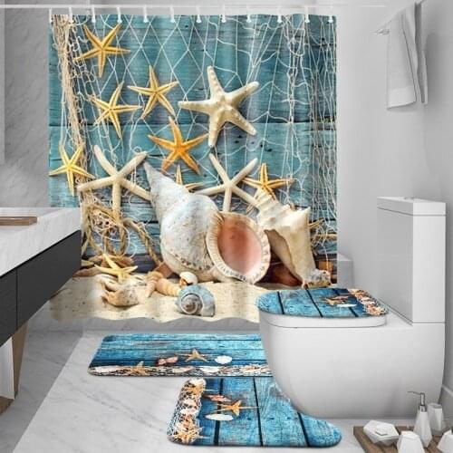 Blue Conch Starfish Beach style Waterproof Bathroom Shower Curtain Toilet Cover Mat Non-Slip Rug Set