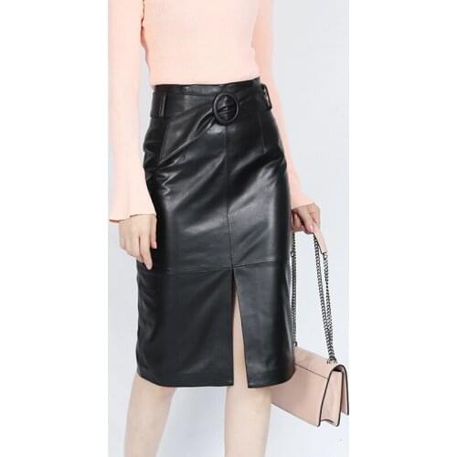 Women Genuine Leather High Waist Skirt Office Ladies Elegant Designs Work Formal Skirts Female Slim Bodycon Pencil Skirts Belts