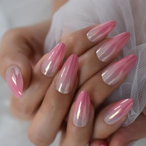 Ombre Nails Women Nails Fake Metallic Medium Stiletto Nude Pink Full Cover Artificial False Nails Press On Almond Fingernails