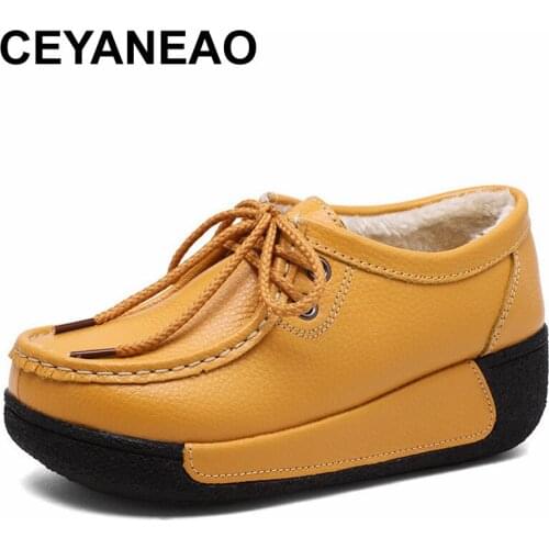 CEYANEAONew Genuine Leather Woman Winter Shoes CasualFlat Platform Women Shoe Plush Womens Loafers Slip-On Female SneakersE1276