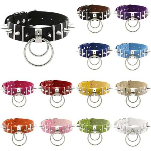 2021 Summer Punk Harajuku Goth Rivet Metal Vertical Bar PU Leather Necklaces For Women Double Round Pendant Choker Necklace Emo