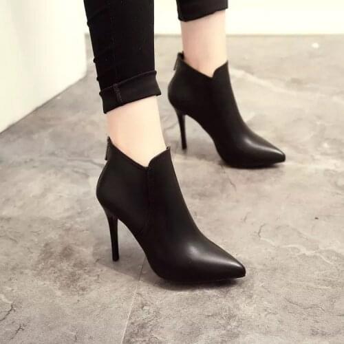 2021Hot New Women Boots Ankle PU Leather Zipper Booties High Heels Autumn Shoes Black Winter Boots Zapatos De Mujer Pointed Toe