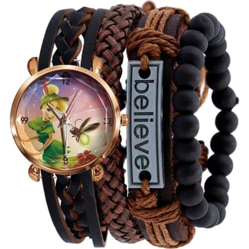 Disney Mickey Minnie ladies watches 4pcs/set leather cord wooden bead woven Frozen Princess quartz student watch birthday gifts