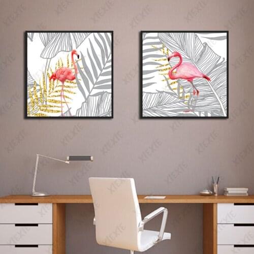 Abstract Wall Art Animal Painting Pink Flamingo Grey Golden Leaves Canvas Posters Prints Living Room Bedroom Corridor Decoration