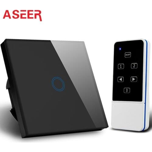 ASEER,EU Standard 1 Gang 1 Way Remote Control Touch Screen Smart Wall Switch 600W Luxury Black Crystal Waterproof Glass Cover