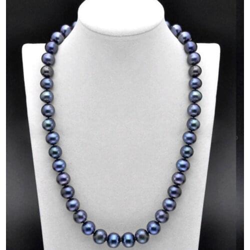 Free shipping 20 inch AAA 9-10 MM SOUTH SEA Tahitian black blue PEARL NECKLACE 925silver GOLD