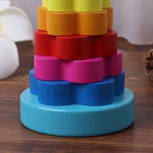 Baby Kid Education Wooden Toy Stacking Nest Learning Stack Up Rainbow Tower Ring BX0D