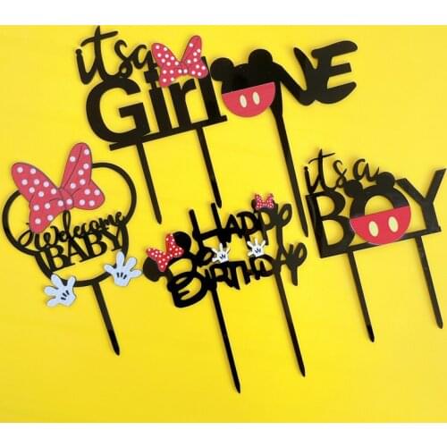 Disney Mickey Minnie Cake Topper Baby Birthday Acrylic Boys Girls Cute Bow For Kids Birthday Party Cake Decoration Baby Shower