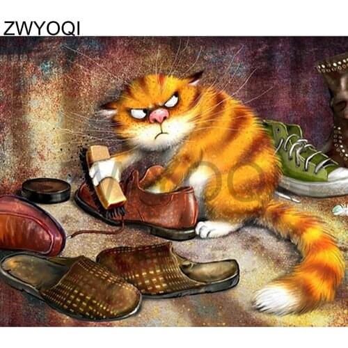 DIY3D Diamond mosaic catFull Round Diamond painting Cross stitch cat Full Square Diamond embroidery cat leather shoes slippers