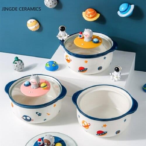 Cartoon Style Ceramic Breakfast Bowl with Cover Lid Portable Ramen Bowl Kitchen Tableware Noodles Rice Instant Noodles Bowls